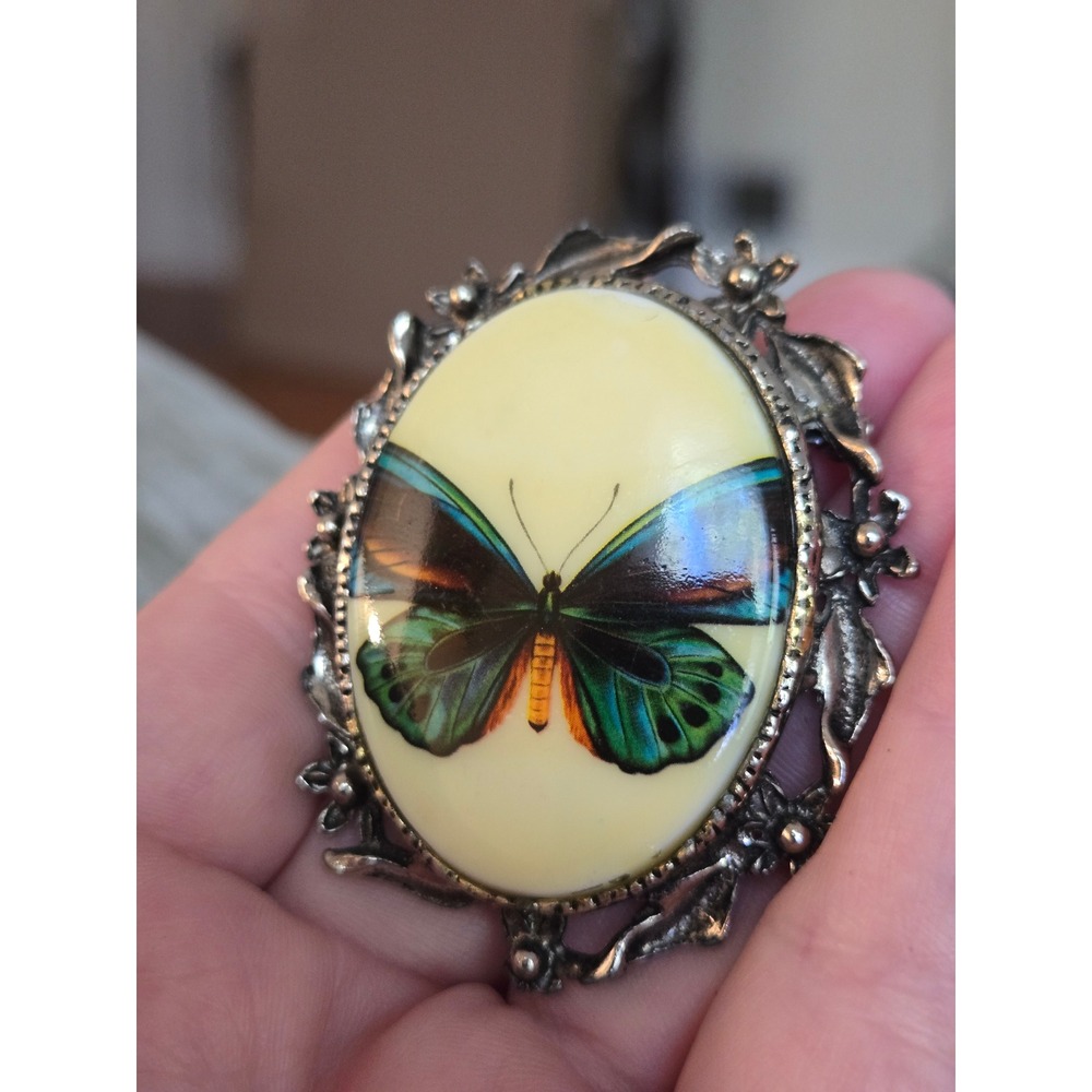 Goldtone Butterfly Handpainted Brooch Pendant Cameo Vintage